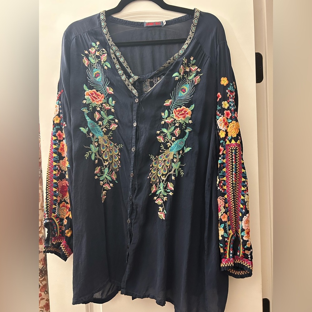 Johnny Was Sz Lg Embroidered Navy Blouse with Floral and Peacock Design